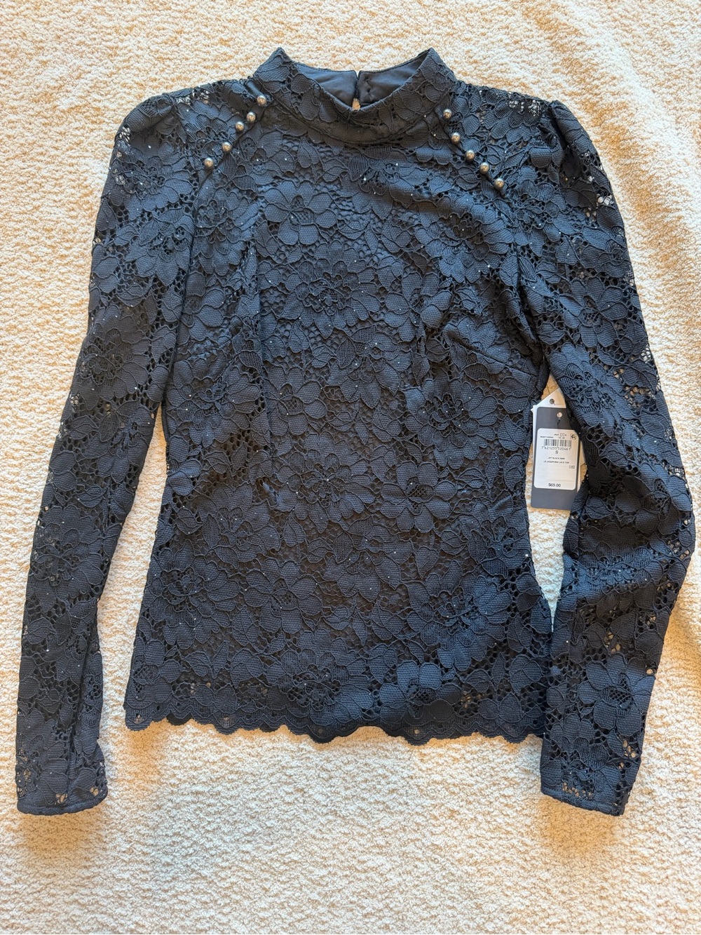 Guess Black Floral Lace Mock-Neck Top with Pearl Shoulder Accents